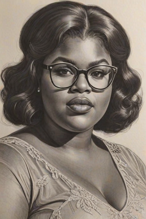 Bewitching Gabourey Sidibe, pencil sketch, portrait of Dazzling woman 1966s in glasses, hair style beatnik, outline, clear lines, fine lines, 8k