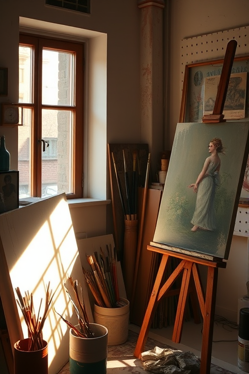 Warmly lit photo of an artist’s studio, with soft light streaming through a window illuminating canvases, paintbrushes, and an easel with an unfinished painting.