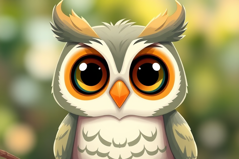 Create a vibrant, cartoon-style illustration of a cute owl with large expressive eyes and a friendly demeanor, using a DSLR camera with a 50mm lens at f/1.8, ISO 200, natural lighting, and a shallow depth of field for a smooth background blur.