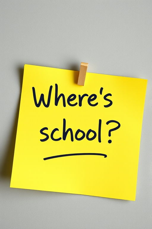 Yellow post-it note, hand written in black pen text "Where's the school??", 3d, hd, hyper realistic,