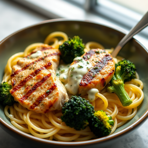 A beautifully plated bowl of fettuccine alfredo with grilled chicken and broccoli, natural lighting, shallow depth of field, DSLR camera, f/2.8, 50mm lens, ISO 100, 1/200 sec.