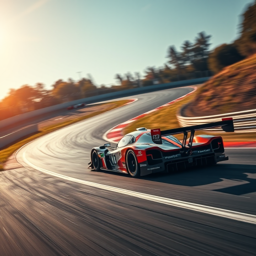 regenerate a high-resolution image of a racing car on a winding track, captured with a Canon EOS R5, 24mm lens, f/2.8, ISO 100, shutter speed 1/500s, in dynamic angle with vibrant colors and detailed textures, focusing on motion and speed