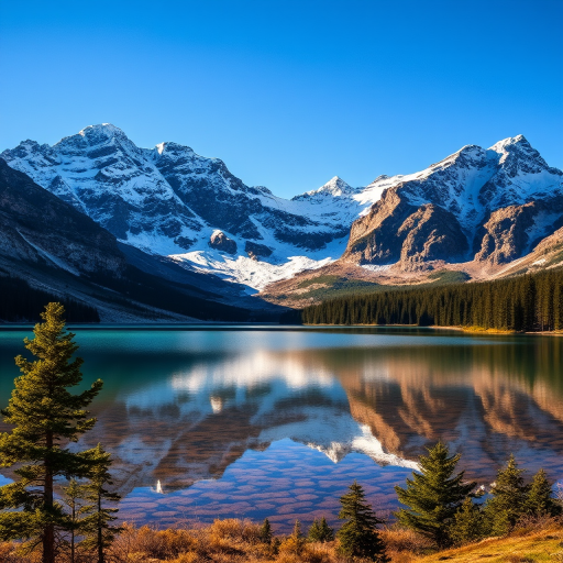 capture a beautiful landscape of snow-capped mountains with a reflective lake in the foreground during clear blue skies, using a DSLR camera with a wide-angle lens, aperture set to f/8, ISO 100, shutter speed of 1/200s, at sunrise for warm lighting and enhanced colors.