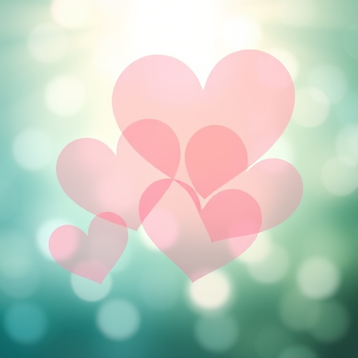 Create an abstract art piece featuring overlapping translucent hearts in various sizes, on a soft gradient background of teal and light green, with a bokeh effect and radiant light rays emanating from a central point, taken with a DSLR camera, 50mm lens, f/1.8 aperture, ISO 200, 1/60 sec shutter speed, shot from a close-up perspective.