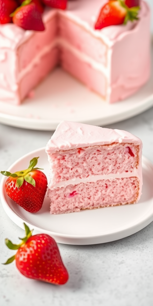A slice of pink strawberry cake on a white plate with a fresh strawberry on the side and a background of the whole cake with a light grey surface and soft natural lighting.