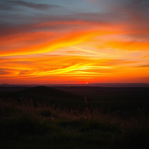 Create a high-resolution image of a serene landscape at sunset with vibrant colors, using a Canon EOS R5, 24mm f/1.4 lens, aperture at f/11, ISO 100, 1/125 sec shutter speed, shot from a low angle to emphasize depth and detail.