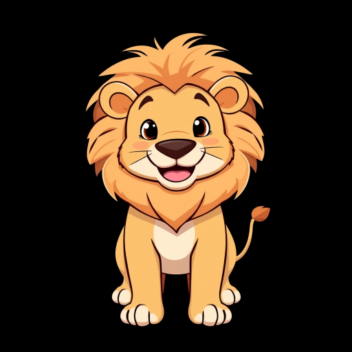 Generate a cute cartoon lion with a big smile and fluffy mane, standing on a plain black background, camera settings: ISO 100, aperture f/4, shutter speed 1/250, camera view: front view, camera style: digital illustration, camera type: DSLR.
