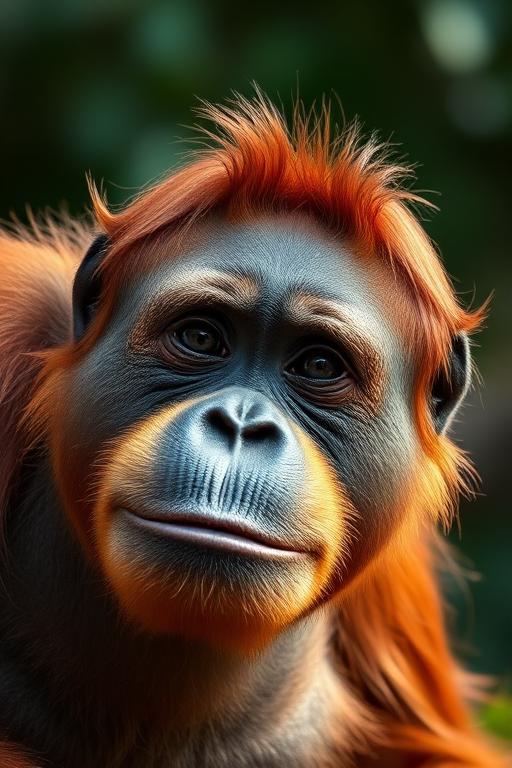 Capture a high-resolution close-up of an orangutan, using a 85mm lens, aperture f/1.8 for shallow depth of field, ISO 200 for clarity, in natural light with a soft bokeh background, shot on a full-frame DSLR camera.