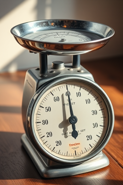 Create a high-resolution image of a vintage mechanical weighing scale with a shiny metallic surface, soft natural lighting, shot from a slight angle to highlight the details, using a DSLR camera at f/2.8, ISO 100, and a shutter speed of 1/125 sec.