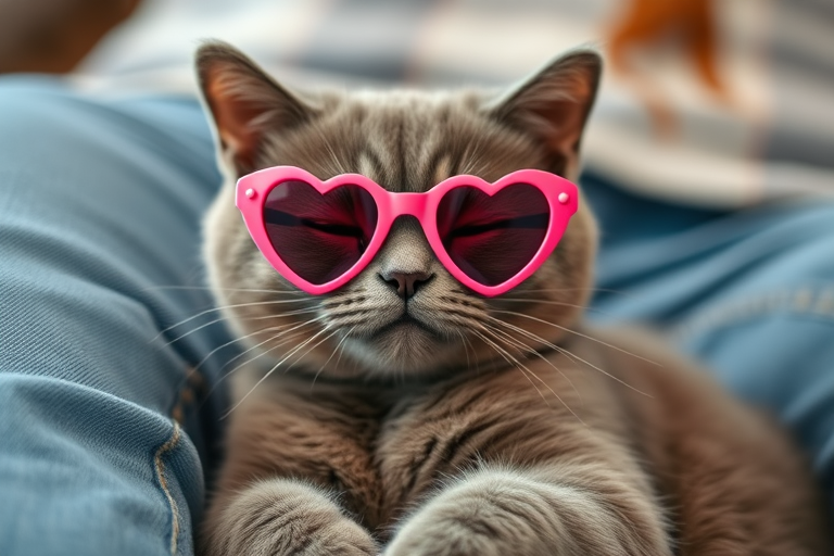 A cute gray cat wearing pink heart-shaped sunglasses sitting comfortably on a person's lap with denim jeans visible in the background. The cat appears relaxed and content, with its eyes partially closed. The setting has soft lighting, creating a cozy atmosphere.