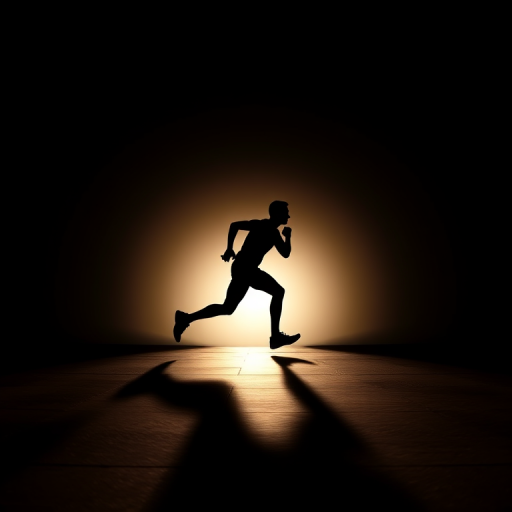 Create a dynamic silhouette of a running person in a minimalist style, using a DSLR camera with a 50mm lens at f/1.8, ISO 400, and a shutter speed of 1/500s, captured from a low angle to enhance the sense of motion and speed.