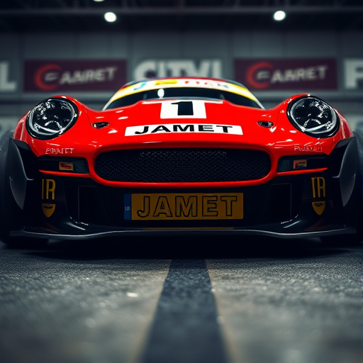 Create a high-quality image of a racing car design labeled with "1 JAMET," using a Canon EOS R5 camera, 50mm lens, f/1.8 aperture, 1/250 sec shutter speed, and ISO 100, captured from a low-angle view to emphasize the car's details and vibrant colors, with a focus on crisp lines and a dynamic background.