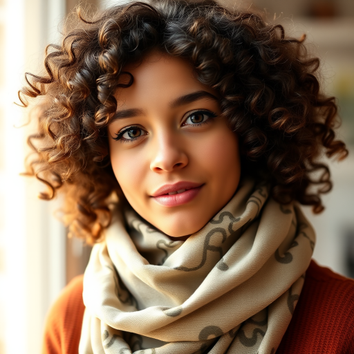 portrait of a young woman with curly hair wearing a patterned scarf, soft natural lighting, depth of field, ISO 100, aperture f/1.8, 50mm lens, taken with a full-frame DSLR camera, warm tones.
