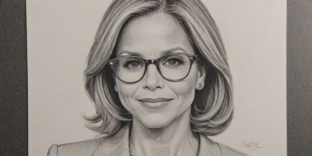 Exquisite Katie Couric, pencil sketch, portrait of Ravishing woman 1974s in glasses, hair style beatnik, outline, clear lines, fine lines, 8k
