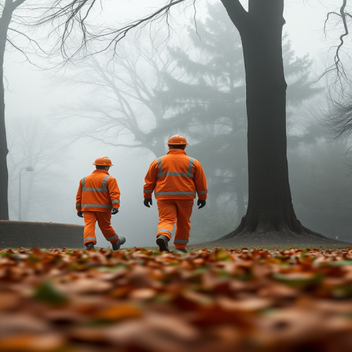 photograph of three workers in orange uniforms walking in a foggy park, fallen leaves on the ground, soft natural lighting, taken with a DSLR camera at f/4, ISO 200, 50mm lens, low angle view, focus on workers and surrounding mist