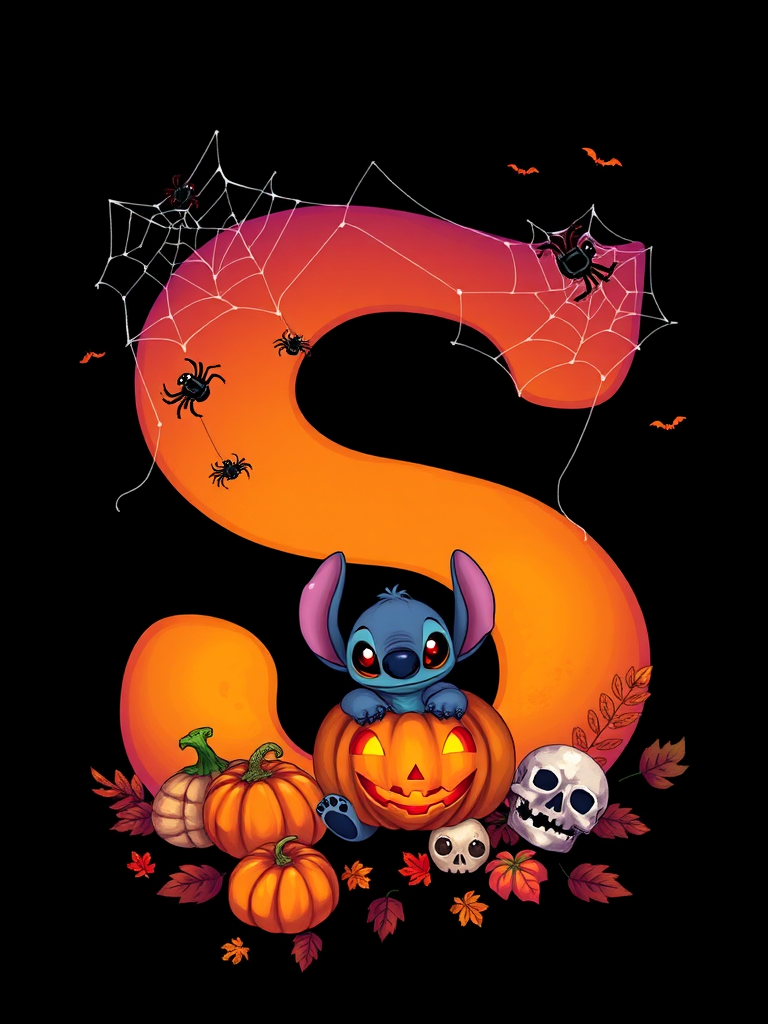 A whimsical and vibrant Halloween-themed digital illustration featuring the letter "S" adorned with spider webs, small bats, and cute spiders. At the base of the letter, a playful alien character similar to Stitch is peeking out from inside a carved pumpkin with glowing eyes, surrounded by additional pumpkins, a small skull, and autumn leaves. The letter is gradient-colored from orange to purple, adding a magical atmosphere to the scene, black background