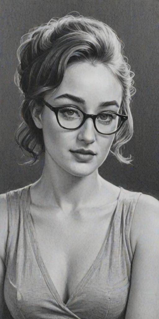 Elegant Ashley Johnson, pencil sketch, portrait of Sublime woman 1957s in glasses, hair style beatnik, outline, clear lines, fine lines, 8k