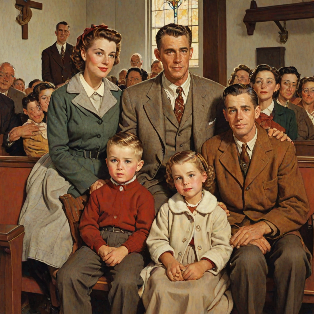 In the style of Norman Rockwell, a 1953 young family, looking pleasantly content is sitting in church, wearing cold weather clothing in autumn colors