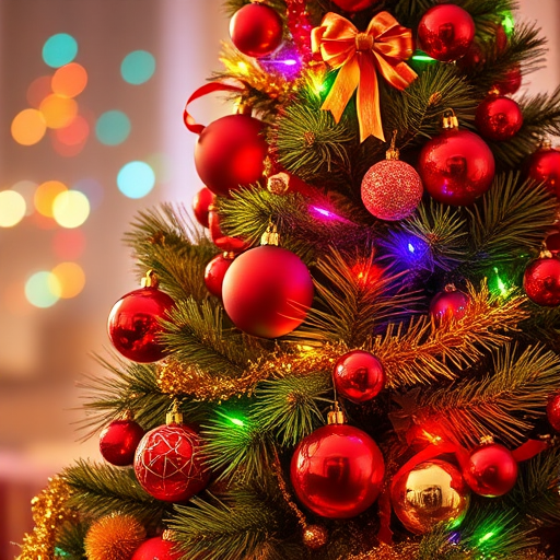 Create a vibrant and festive image of a Christmas tree decorated with colorful lights and a variety of ornaments. The tree should be lush and green, adorned with red baubles, golden accents, and shimmering tinsel. The background should have a warm glow, enhancing the cheerful holiday atmosphere.