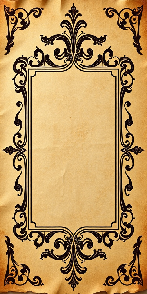 Create a vintage ornate frame design on a textured parchment background, camera settings: ISO 100, aperture f/8, shutter speed 1/60s, camera view: centered focus, camera style: high definition with soft lighting, camera type: DSLR.