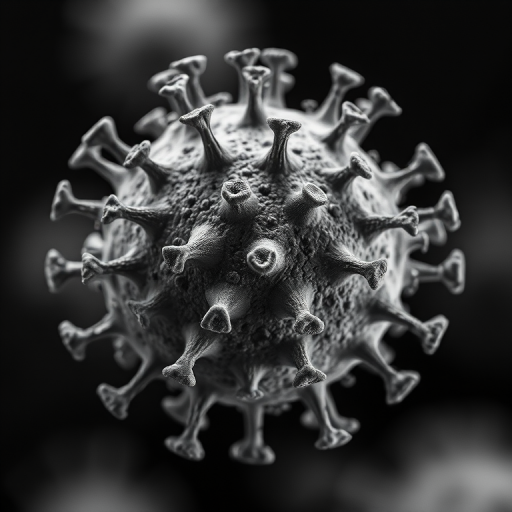 macro photograph of a virus with sharp details and high contrast, f/2.8 aperture, ISO 100, 100mm lens, focal length 100mm, DSLR camera, natural lighting, monochrome style