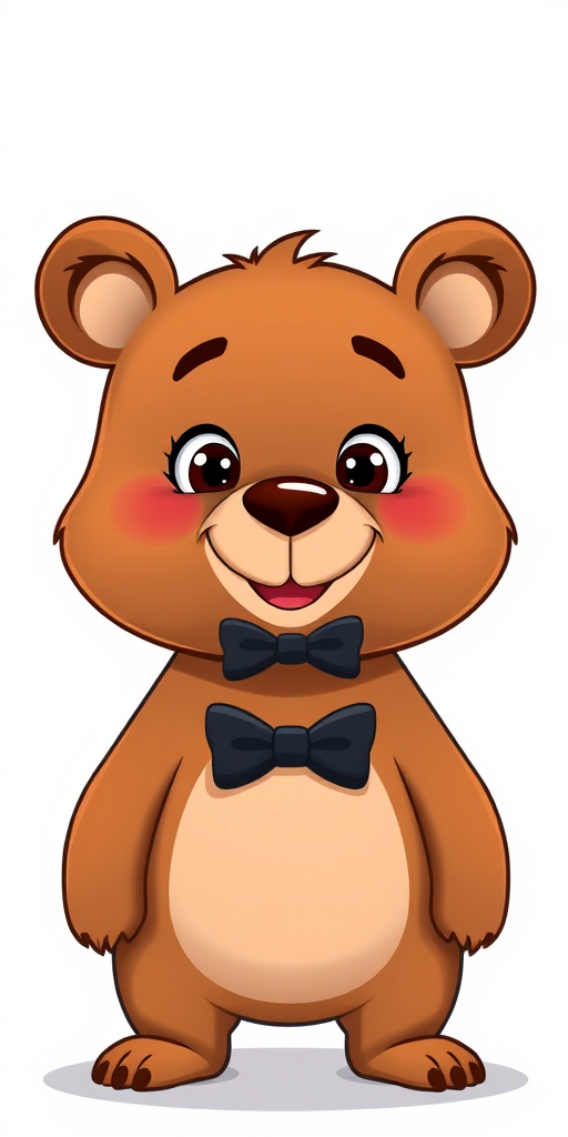 Create a cartoonish illustration of a brown bear character with a friendly expression, wearing a black bow tie, front view, high resolution, 4K quality, soft lighting, digital illustration style, using a tablet for enhanced detail.