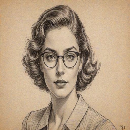 Fetching Lorenza Izzo, pencil sketch, portrait of Delightful woman 1930s in glasses, hair style beatnik, outline, clear lines, fine lines, 8k