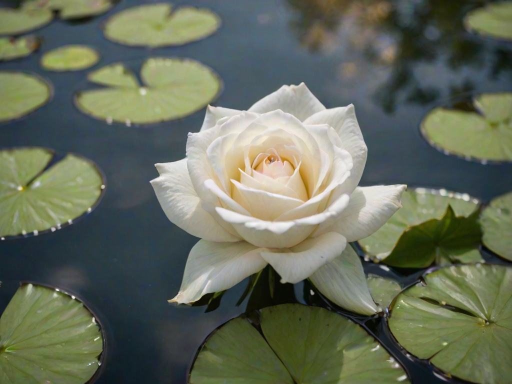 Softly focused image of a single white rose floating in a crystal-clear pond, delicate petals catching soft sunlight, with distant lily pads and vibrant green foliage barely visible in the background.