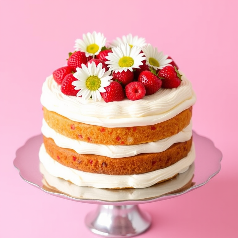 A beautifully decorated three-layer cake with cream frosting topped with fresh strawberries and daisies on a silver cake stand with a soft pink background.