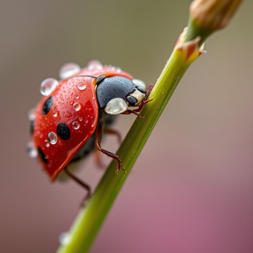 Close-up of a dew-covered ladybug on a slender stem, aperture f/2.8, shutter speed 1/250 sec, ISO 200, 100mm macro lens, soft natural light, shallow depth of field.