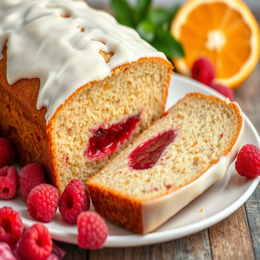 A beautifully arranged loaf cake sliced to reveal a moist interior with a layer of raspberry jam in the center topped with a creamy white icing served on a white plate with fresh raspberries and a slice of orange in the background.