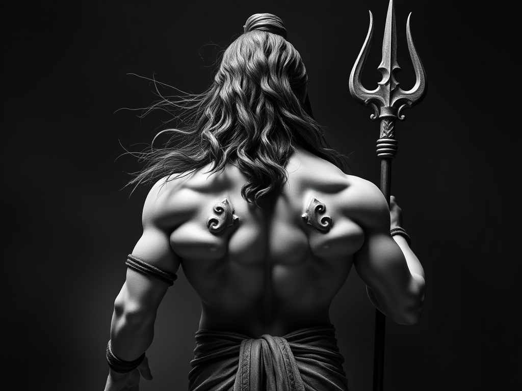 Create a high-resolution image of a muscular figure of a deity from behind, with long flowing hair, wearing traditional attire and holding a trident, in a dramatic monochrome style, shot with a DSLR camera, aperture f/1.8, shutter speed 1/200 sec, ISO 100, focal length 50mm.