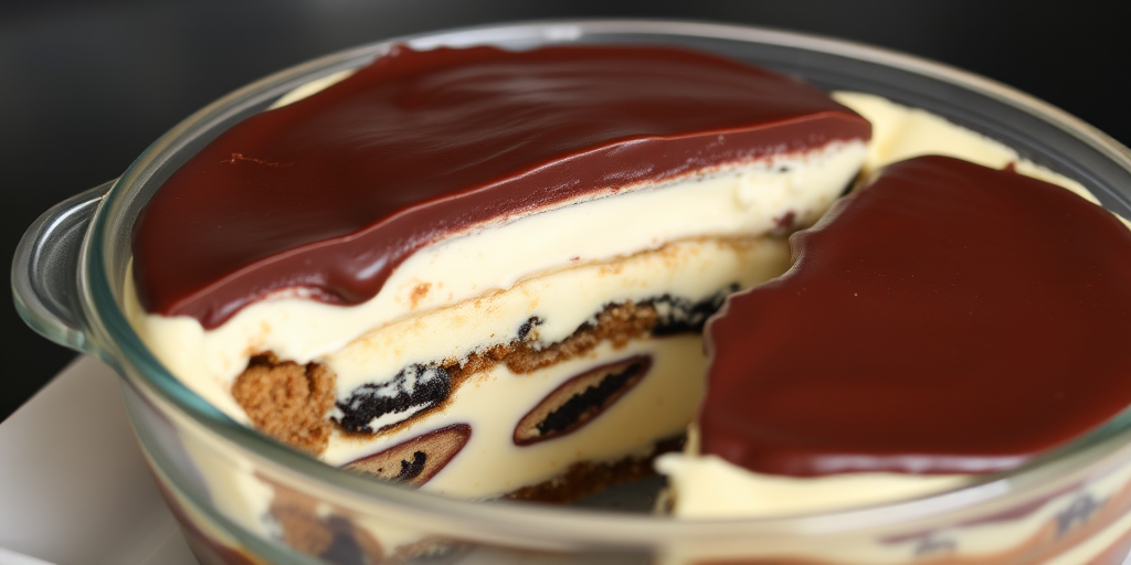 A layered dessert with chocolate ganache on top and visible layers of cream and cookies inside a clear dish, showing a slice cut out to reveal the texture and layers of the dessert.