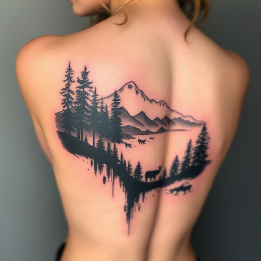 Ethereal negative space tattoo called "Whispers of Nature" utilizing the natural skin tone as a key element in the design depicting silhouettes of trees mountains and wildlife emerging from strategically placed ink creating the illusion of a landscape or scene revealed through gaps in the tattooed areas incorporating subtle shading and dot work to enhance depth and dimension within the negative spaces