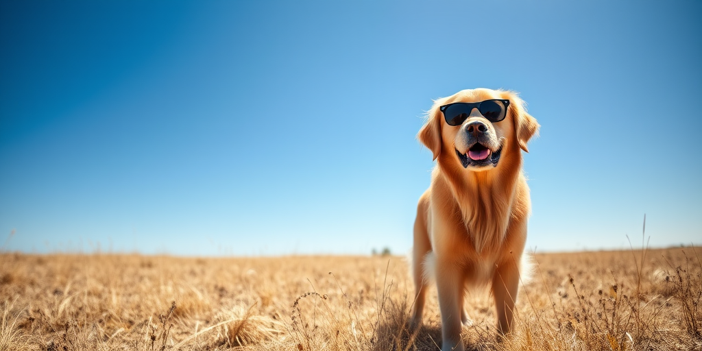 A Golden Retriever wearing sunglasses standing in a dry, grassy field under a clear blue sky, captured with a Canon EOS 5D Mark IV, 50mm f/1.8 lens, aperture set at f/2.8, shutter speed 1/500s, ISO 200, wide-angle view for a soft background blur, high contrast for vibrant colors.