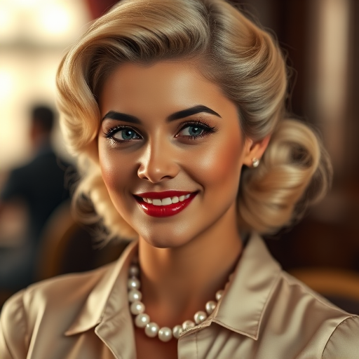 A beautiful Nepali woman reminiscent of 1950s Hollywood glamour, with perfectly styled blonde hair and a seductive smile, dressed in a satin blouse and adorned with pearls, soft and warm tones, photorealistic, 8K