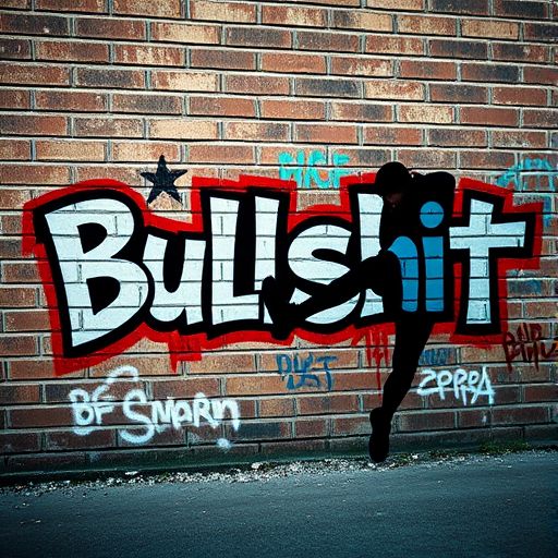 Create an image of a graffiti art piece featuring the word "Bullshit" in stylized lettering on a textured brick wall, with a dynamic silhouette of a person kicking, captured with a DSLR camera at f/2.8 aperture, 1/125 sec shutter speed, ISO 100, in a wide-angle view for enhanced depth of field.