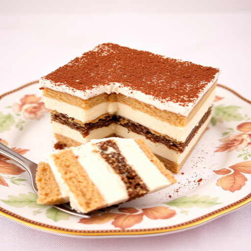 Create an image of a delicious layered dessert with a creamy texture and a dusting of cocoa powder on top. The dessert should be served on a decorative plate with a fork beside it. Include a partially eaten slice to showcase the layers of cake and cream inside. The background should be simple and neutral to emphasize the dessert.