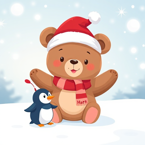 Create a cute holiday-themed illustration featuring a cartoon bear wearing a Santa hat and festive outfit, playing in the snow with a small penguin, in a snowy landscape with falling snowflakes, captured with a DSLR camera at f/2.8 aperture, ISO 100, 50mm lens for sharp focus, and a vibrant color palette.