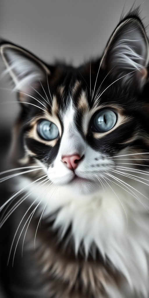 capture a high-quality close-up portrait of a Maine Coon cat with a shallow depth of field at f/2.8, ISO 100, 85mm lens, natural light, in black and white with soft contrast, using a DSLR camera