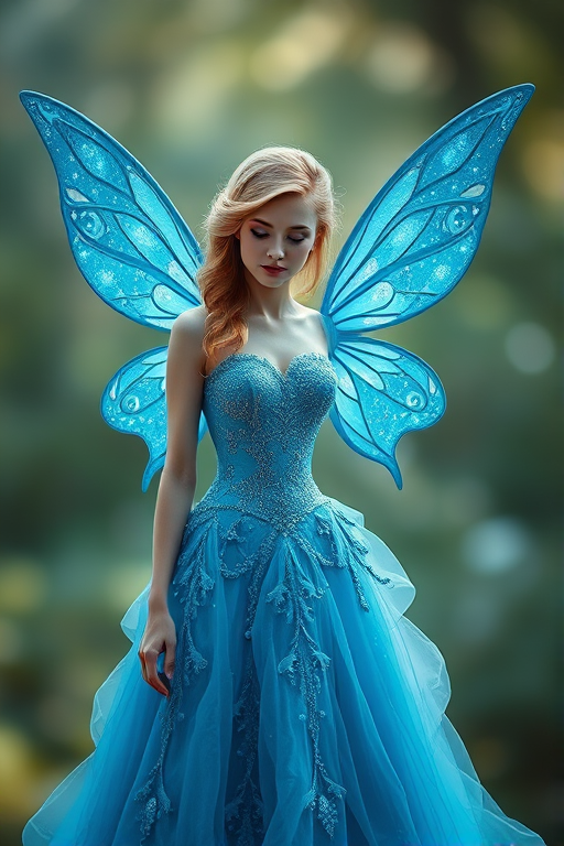 A beautiful fairy with sparkling blue wings wearing an intricately designed blue gown, ethereal background with soft bokeh, captured with a Canon EOS R5, 85mm f/1.2 lens, ISO 100, aperture f/1.2, shot in portrait orientation with soft lighting for a dreamy effect.