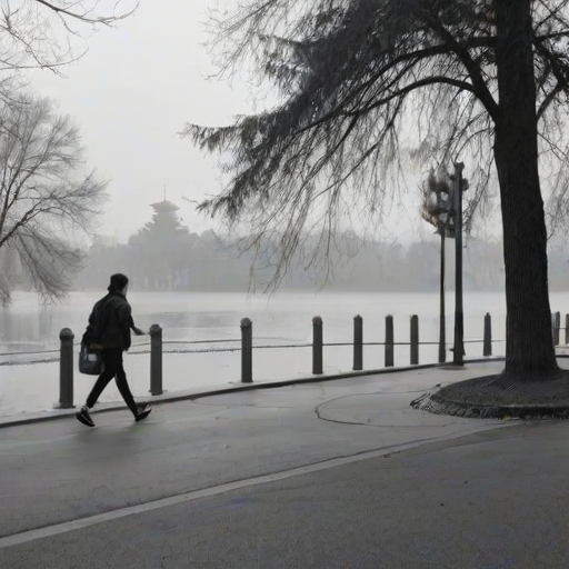 a black and white photograph of a person walking with a trash bin across a crosswalk near a lake, with trees and a pagoda in the background and a misty atmosphere