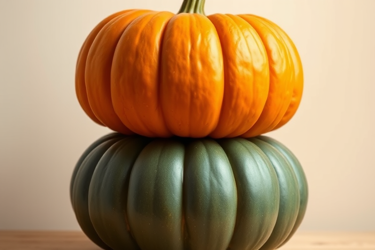 Create a digitally illustrated image of three pumpkins stacked on top of each other, the top one is bright orange, the middle one is muted green, and the bottom one is a darker green, use high-resolution settings with a Canon EOS R5, aperture f/8, focal length 50mm, and a soft light background to enhance the pumpkin textures and colors.