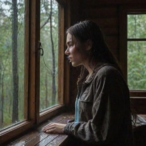 Quiet forest cabin during a rainstorm, the sound of raindrops hitting the roof, a woman stands by the window, her hand resting on the glass as she watches the storm rage outside.