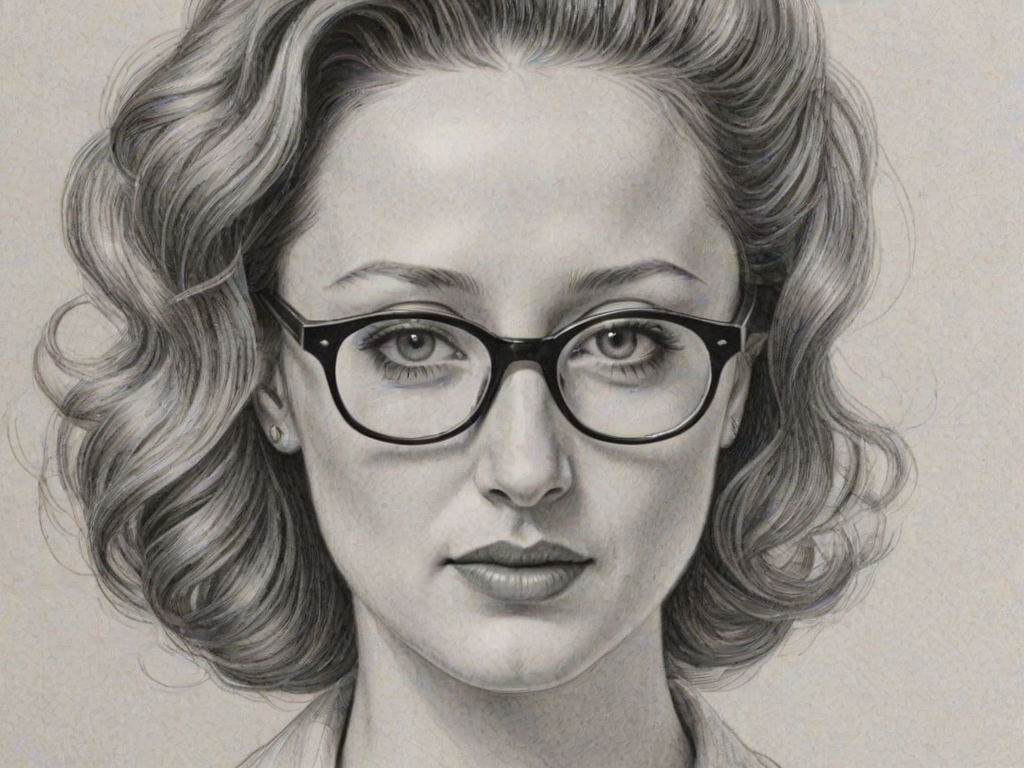 Appealing Andrea Riseborough, pencil sketch, portrait of Exquisite woman 1946s in glasses, hair style beatnik, outline, clear lines, fine lines, 8k