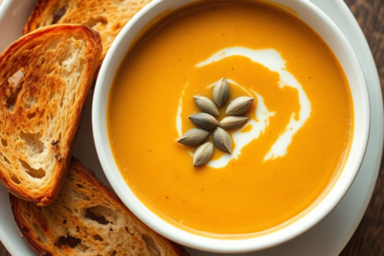 A close-up shot of a creamy pumpkin soup garnished with pumpkin seeds served in a white bowl alongside crispy toasted bread, taken with a DSLR camera at f/2.8 aperture, ISO 200, 50mm lens, natural light, and a slight overhead angle to enhance texture and color.