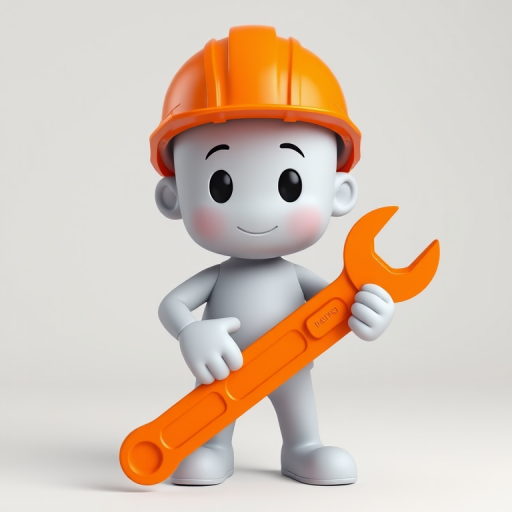 A 3D character holding an orange wrench, wearing an orange hard hat, minimalistic design, soft lighting, ISO 100, f/2.8, 50mm lens, frontal view, studio photography.