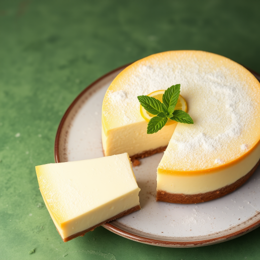 Create an image of a lemon cheesecake on a rustic plate with a slice removed revealing its creamy texture. The cheesecake should have a smooth top with a light dusting of powdered sugar and be garnished with a slice of lemon and fresh mint leaves. The background should be a textured green surface to enhance the vibrant colors of the cake.