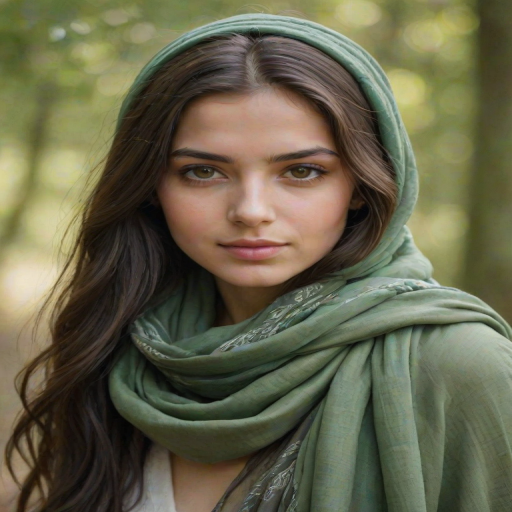 Create a portrait of a young Georgian woman with long, dark hair and captivating hazel eyes. She is wearing a green headscarf and a matching scarf draped gracefully around her neck. The background is softly blurred, focusing attention on her serene and natural expression. The overall color palette is muted and warm, enhancing the intimate and authentic feel of the portrait.