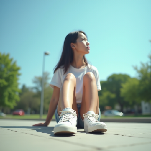 Generate an ultra-realistic, highly detailed, high-definition photograph. It's a photo of a girl sitting on the floor. She's looking at the horizon. The photo is taken from the bottom up, at ground level. The girl's sneakers are in the foreground, in the center of the scene. The girl is wearing light clothes, a t-shirt and short shorts. The sky is blue. Bright environment. The background is a blurred image of a park.